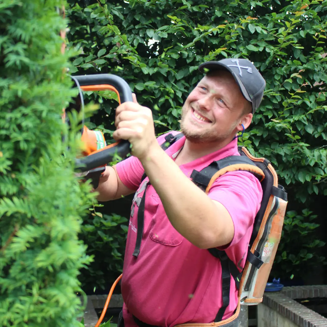 Het snoeien van een haag door een tuinonderhoud hovenier van Uw Tuin Hoveniers uit Malden