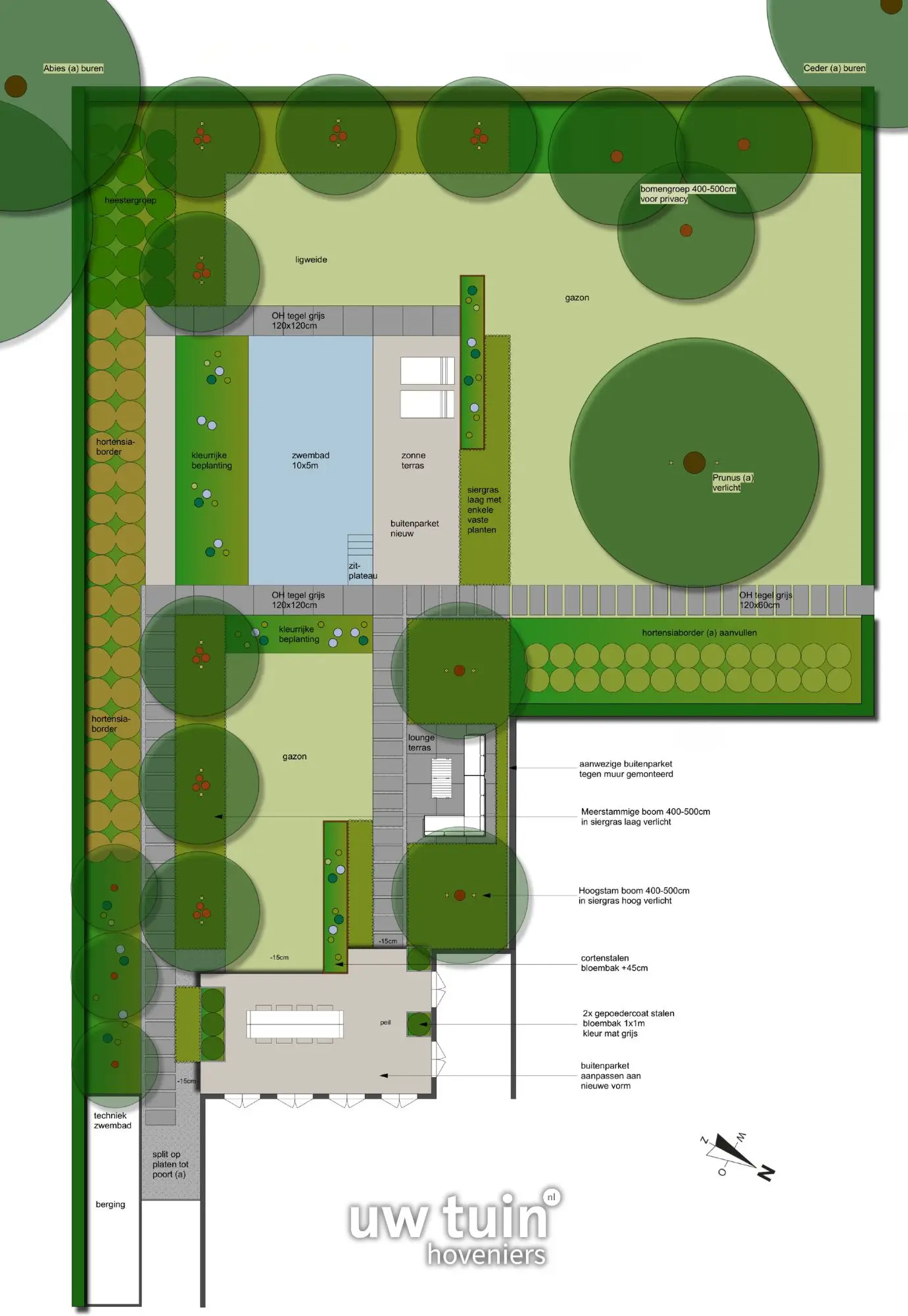 Tuinontwerp van een moderne achtertuin in Nijmegen. Dit ontwerp bevat een zwembad, terras, gazon en unieke bomen. Achtertuin van een moderne tuin in Nijmegen met een verlicht tuinhuis. Deze tuin is ontworpen door de tuinarchitecten van Uw Tuin hoveniers en aangelegd door de hoveniers van Uw Tuin hoveniers uit Malden.