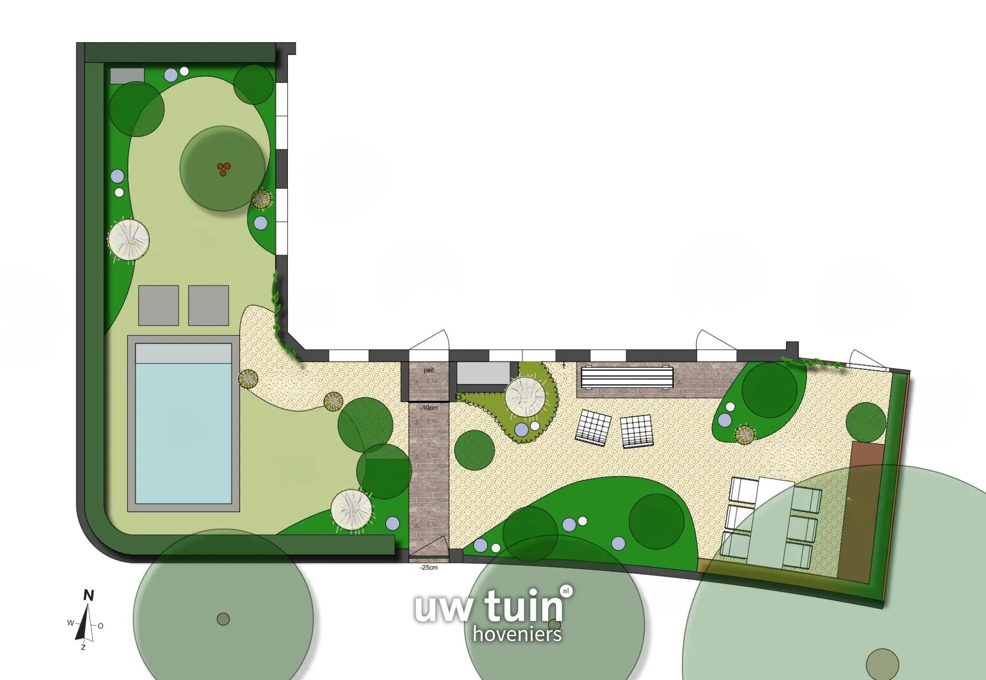 Tuinontwerp van een stadstuin in Nijmegen met zwembad. Organische vormen, natuurlijke plantenborders, grindverharding, groot gazon met klein zwembad. Verschillende zithoeken in het grind.