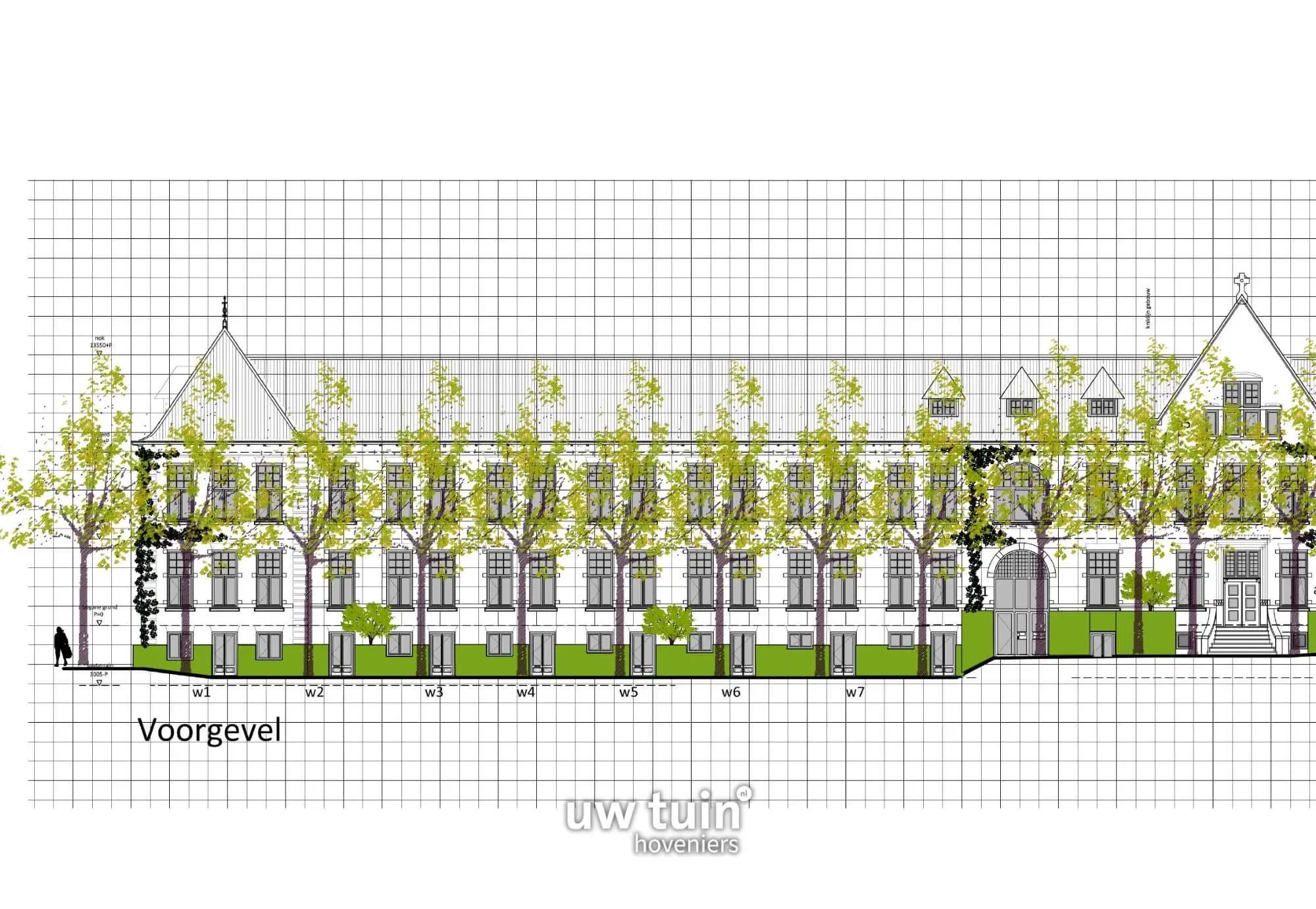 Ontwerp van het Vooraanzicht van Cum Laude stadstuinen in Nijmegen. Ontworpen door Uw Tuin hoveniers in Malden. Tuinarchitecten. historische pand. Nieuwbouwtuin met veel groen.