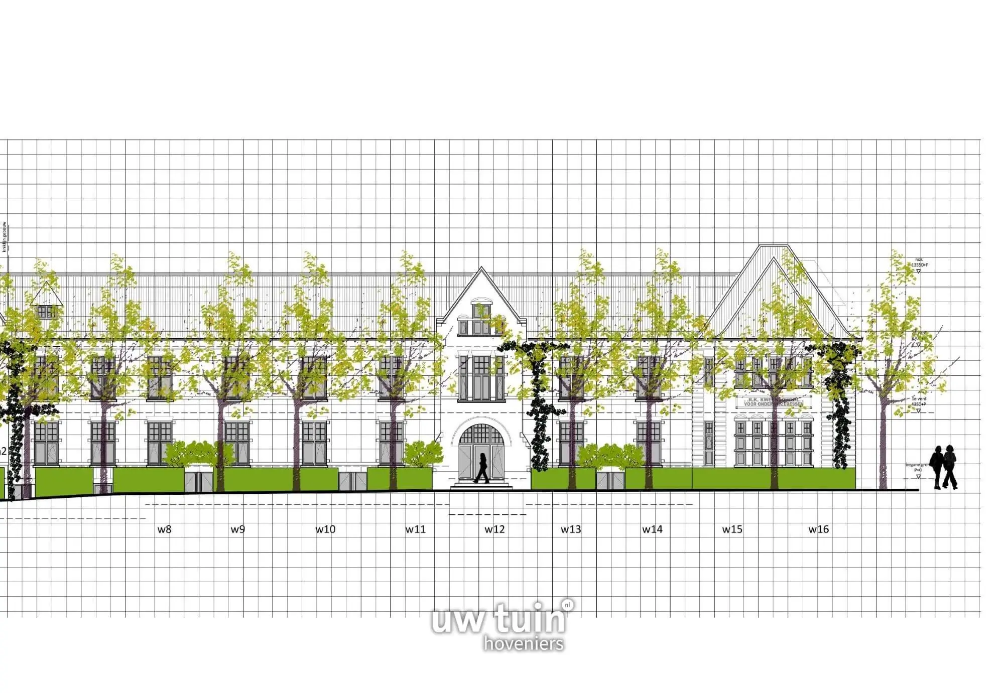 Vooraanzicht van Cum Laude stadstuinen in Nijmegen. Tuinontwerpers van Uw Tuin hoveniers. Nieuwbouwtuinen met Stadstuinen veel groen.