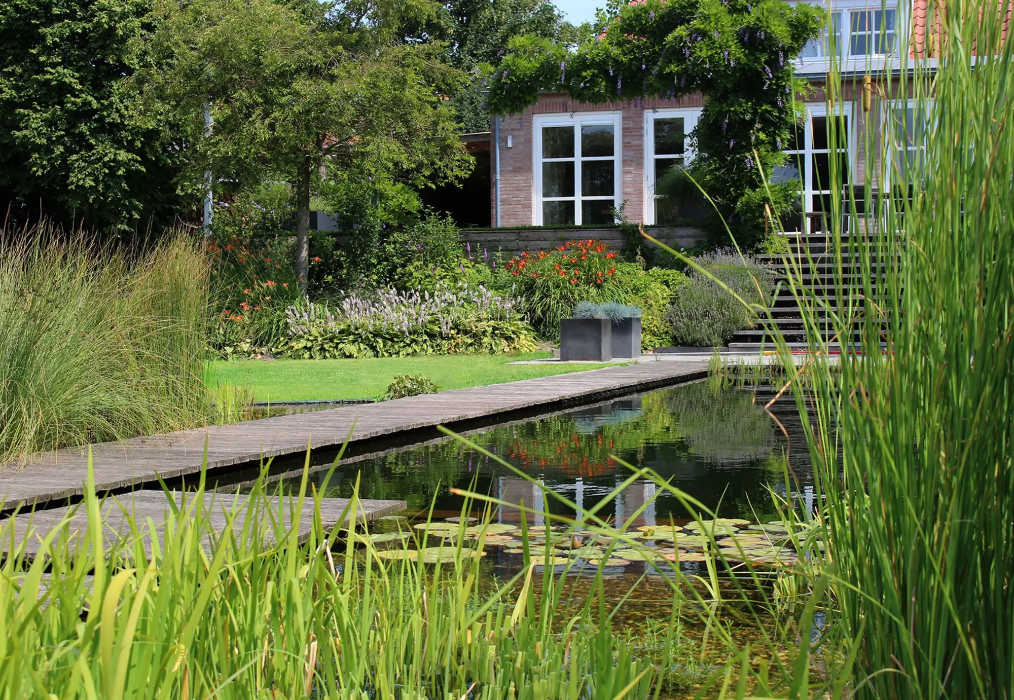 Close up van zwemvijver in Mook. Tuinontwerp en Tuinaanleg door Uw Tuin hoveniers uit Malden. Vlonder, staptegels, zwembad met natuurlijke groene oevers. Poel voor biodiversiteit, natuurlijke waterzijvering geen chloor. Tuinaanleg door Uw Tuin hoveniers.