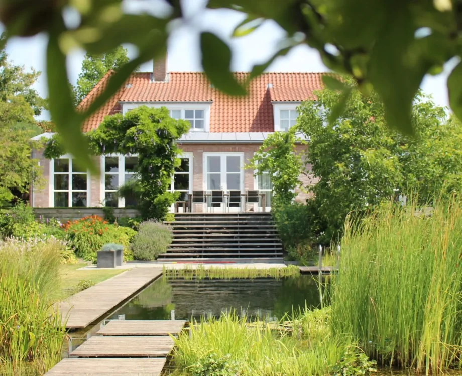 Doorkijk naar woonhuis i Mook. Natuurlijke zwemvijver met strakke vorm, groene oevers, Vlonderpad en staptegels als springplank. Tuinontwerp en tuinaanleg door Uw Tuin hoveniers uit Malden.