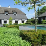 Zwembad in de Parktuin in Vianen. Modern zwembad met groen blokhagen, organische borders tegen strakke lijnenspel. Dakplataan voor natuurlijke schaduwwerking. Tuinontwerp en Tuinaanleg door Uw Tuin hoveniers.