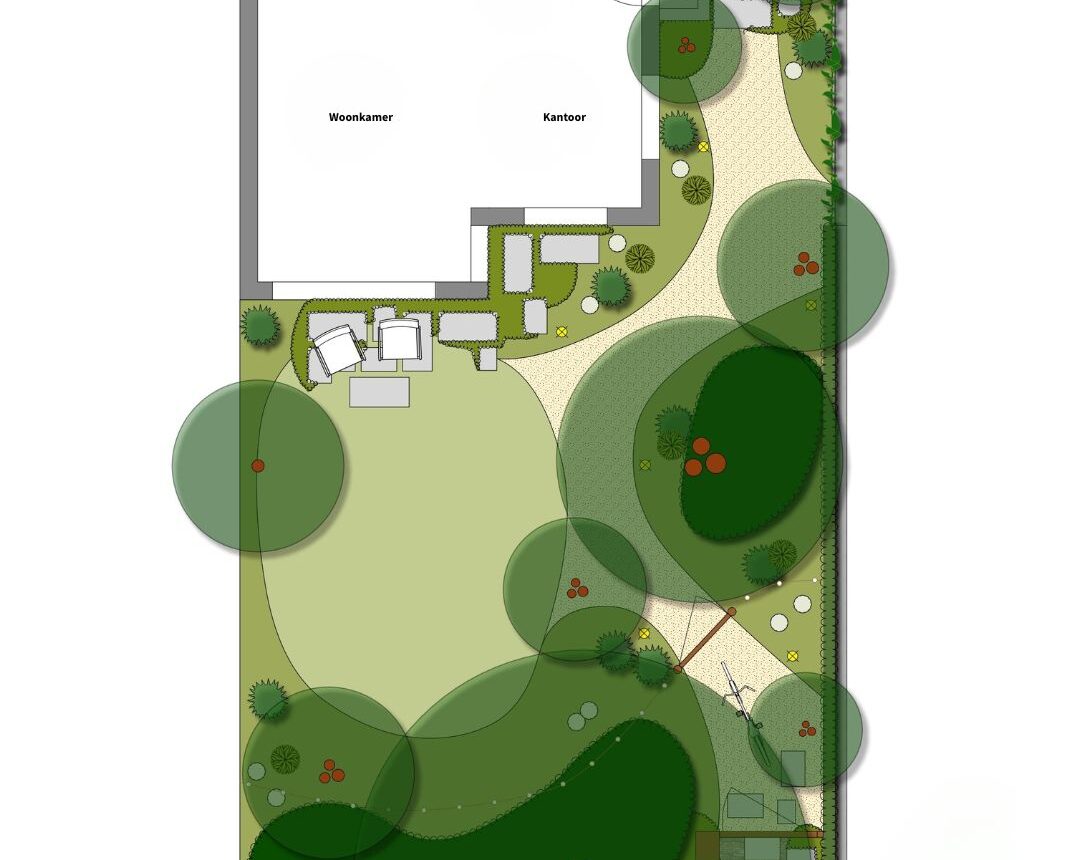 2D Tuinontwerp van een bosrijke voortuin in Nijmegen. Jaren 30 woning met lange oprit vervangen voor een groene voortuin als een bos ontworpen met vele heestergroepen, meerstammige bomen, padvast pad en tegels in het groen en padvast die terrassen in de voortuin vormen. Maatwerk poort aan de voorzijde voor privacy vanaf de straat en buren. Groot rond gazon als open plek in de bosrijke tuin voor openheid en lichtinval. Organisch, natuurlijk, praktisch, creatief.