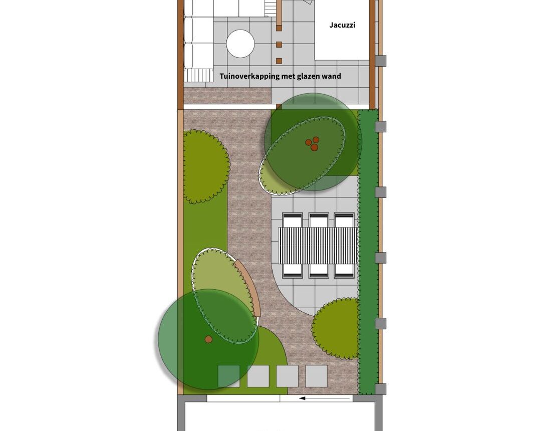 2D Tuinontwerp van een kleine stadstuin in Huissen. Met overkapping, loungeset, jacuzzi. Overkapping van douglashout en glazen schuifpui. Bakken van alluminium/kunststof in het wit met veel groen en meerstammige heester. Organische vormen met strakke tuinelementen als de tuinbestrating van keramische tegels en waalformaat gebakken klinkers. Veel groen in kleine tuin.