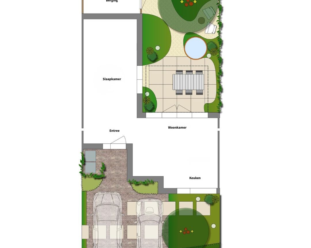 2D Tuinontwerp van een groene speelse organische achtertuin en een moderne strakke voortuin. Afwisseling kan toch bij elkaar passen door materialen, vormgeving, groen. Stadstuin in Nijmegen. Veel groen in kleine tuin. Speels ontwerp, creatief, doordacht en praktisch.