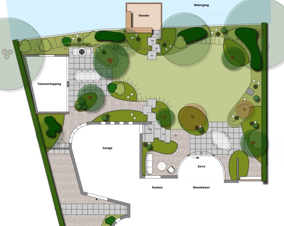 2D tuinontwerp van een grote achtertuin aan het water in Millingen. Organische borders met strakke terrassen en slingerende paden van waalformaat gebakken klinkers. Groen tot aan de gevel van het huis. Openheid door de achtertuin over het water. Hoogteverschillen in de tuin worden opgelost door trappen van schellevis betontegels. Strakke elementen. Overkapping met groot terras. Plantenbakken van alluminum/kunststof met solitaire heesters en verlichting. Organische kleurrijke borders met bestaande beplanting. Creatief, organisch, praktisch, speels, uniek, exclusief.