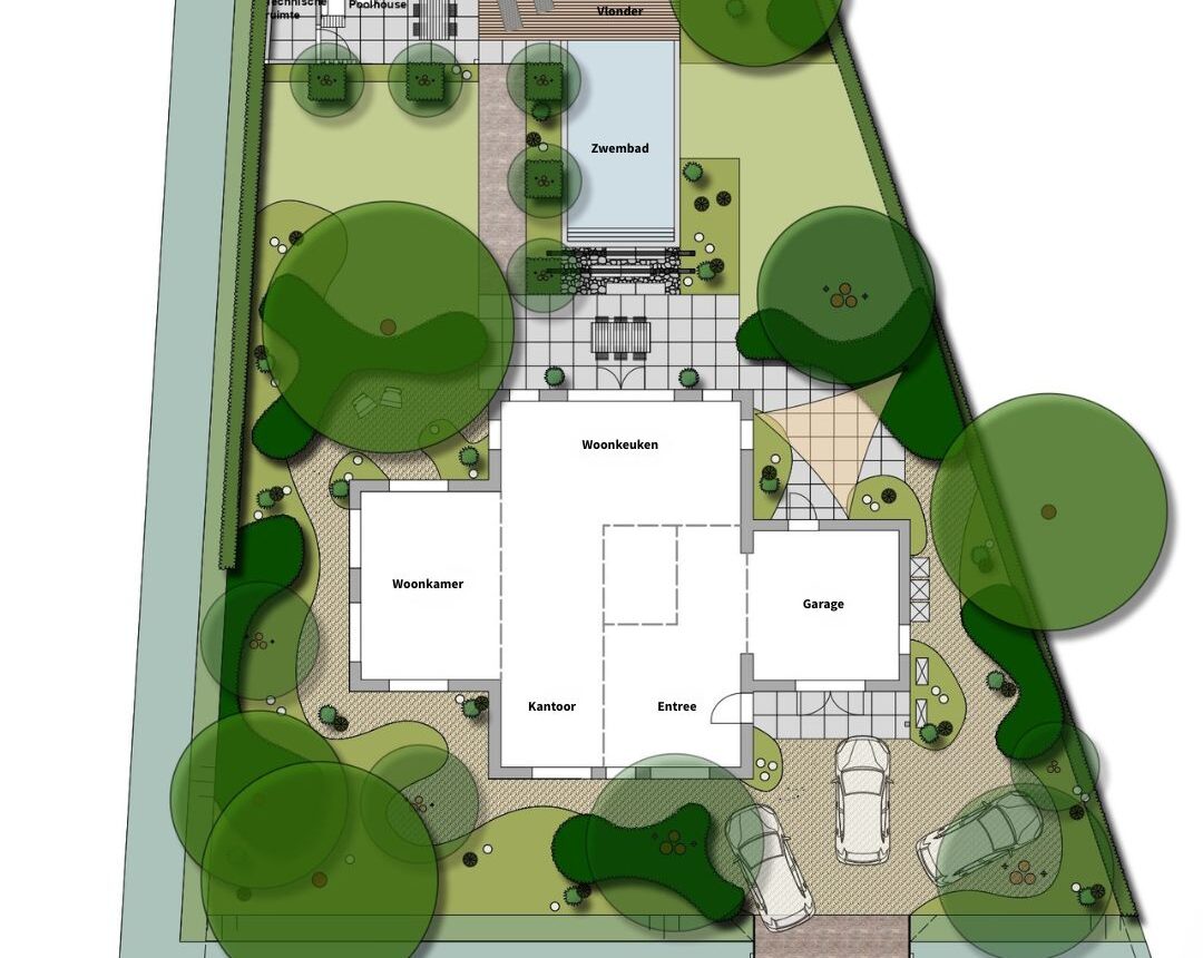 2D Tuinontwerp van een villatuin met poolhouse, vlonder en zwembad in Nijmegen. Villatuin met strakke tuinelementen en rondom het huis organische zachte lijnen en materialen. Veel groen, wintergroene wolken, veel ruimte voor parkeren, bestaande bomen en meerstammige heesters en bomen. Groot poolhouse met technische ruimte en loungeset.Tuinkamer met vlonder. Uniek, exclusief tuinontwerp, bijzondere tuinen, doordacht, creatief, luxe.