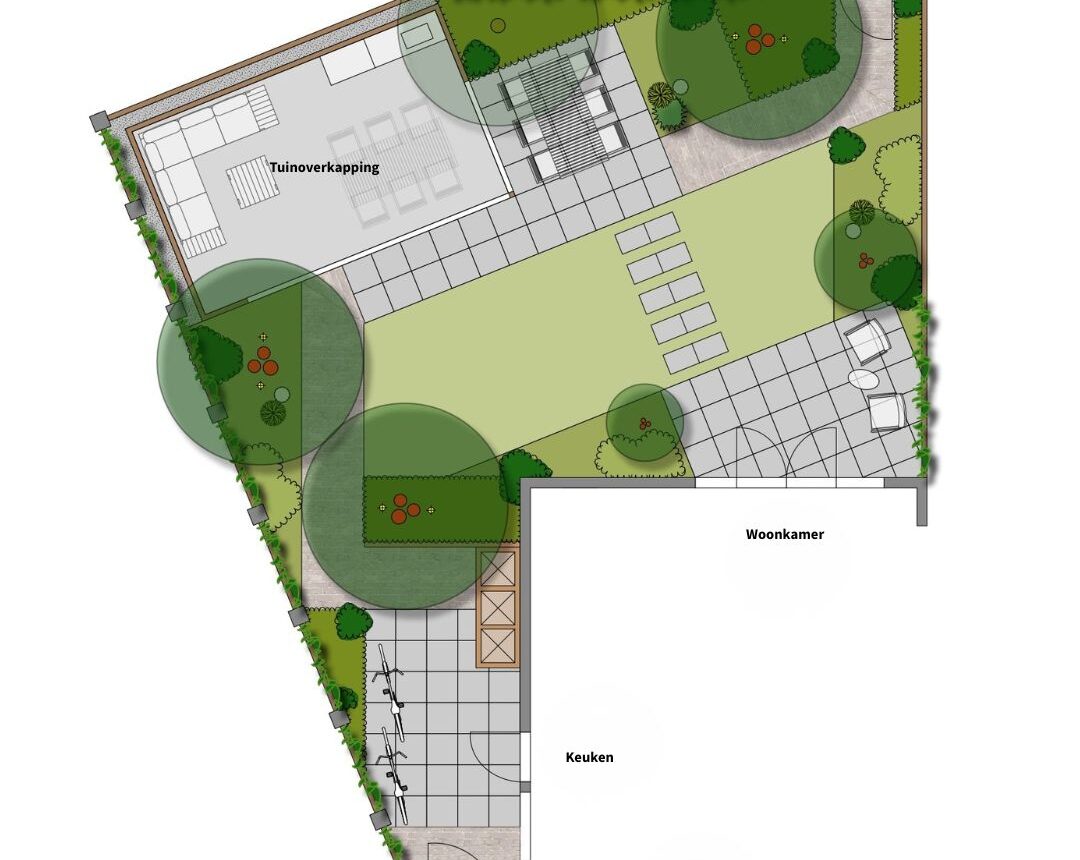2D tuinontwerp van een middelgrote achtertuin in Arnhem. Overkapping met grote loungeset. Meerdere terrassen in de zon. Groot gazon en kleurrijke borders aan de randen van de tuin. Moderne strakke opzet.